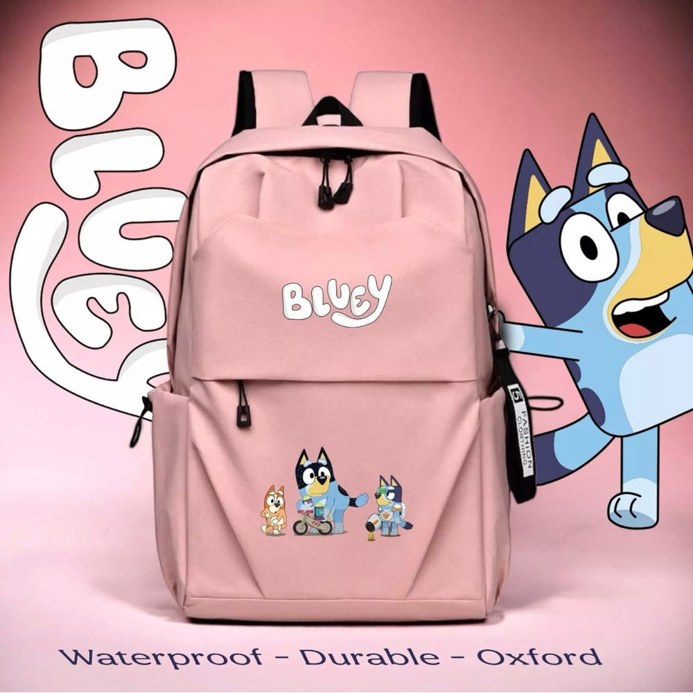 Bluey Bingo and Dad Customized Durable oxford Backpack USB Water-Resistant Pink